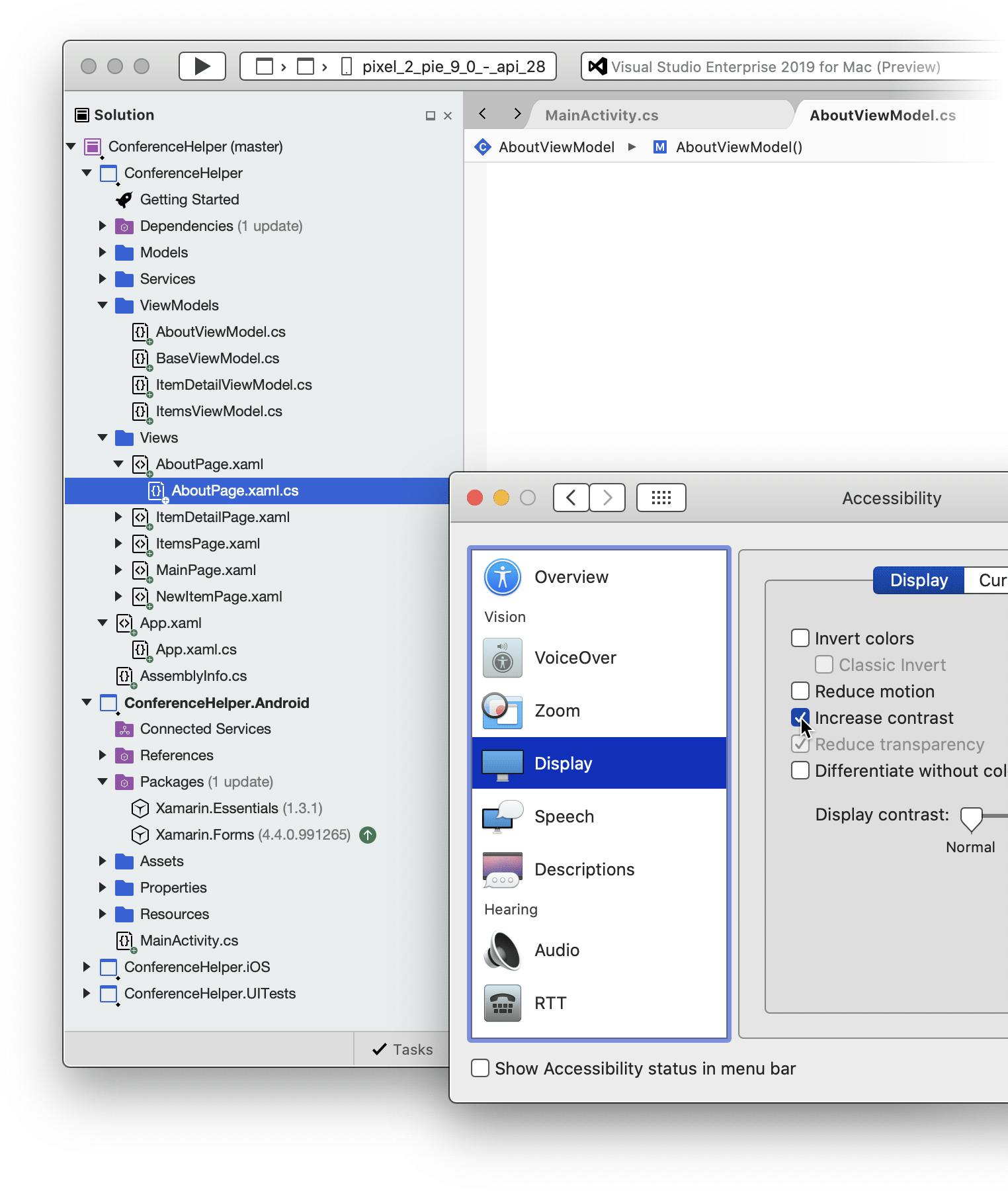 Screenshot of Visual Studio for Mac in the light and high-contrast themes.