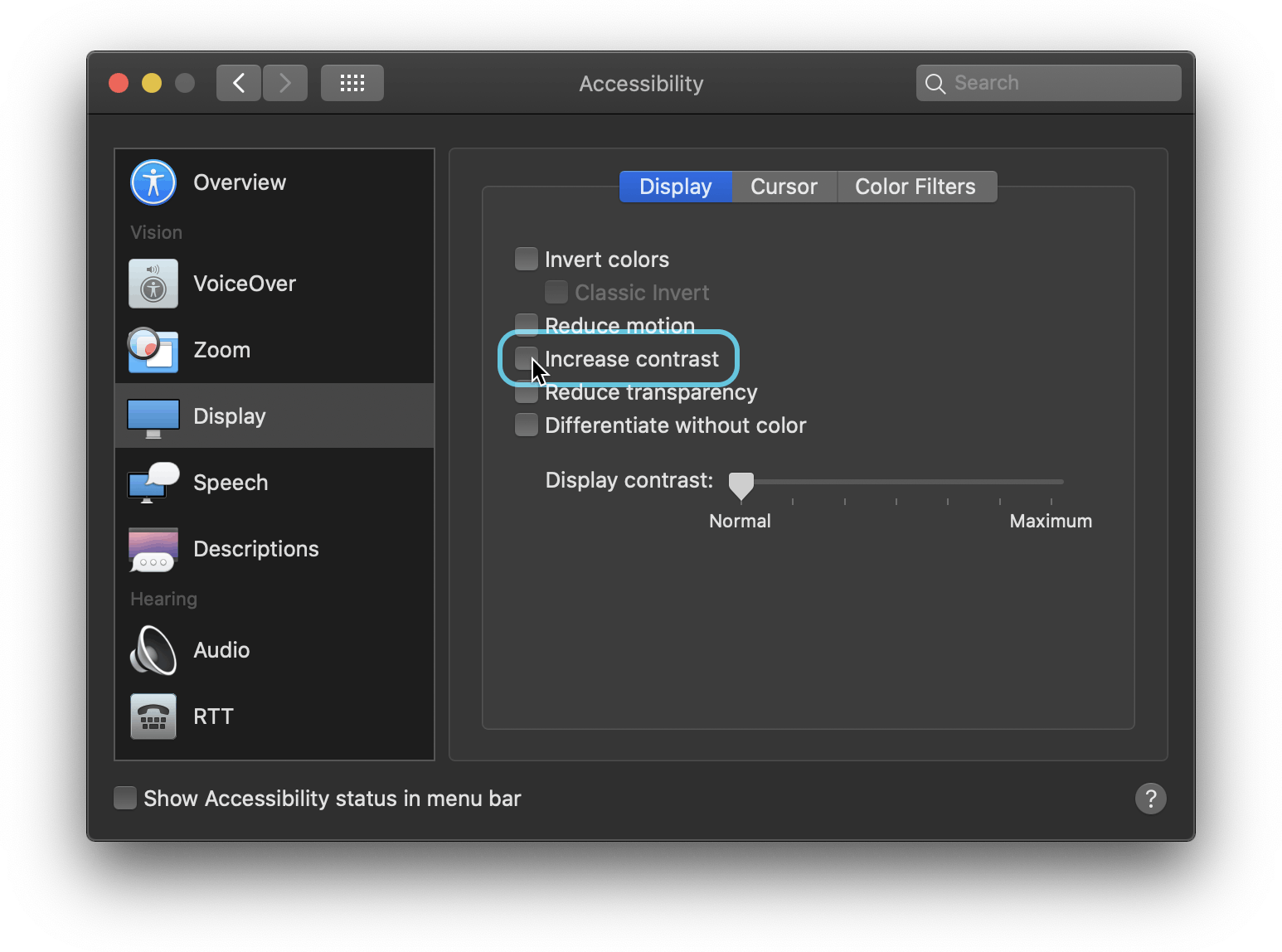 macOS System Preferences window with highlighted Increase Contrast checkbox.