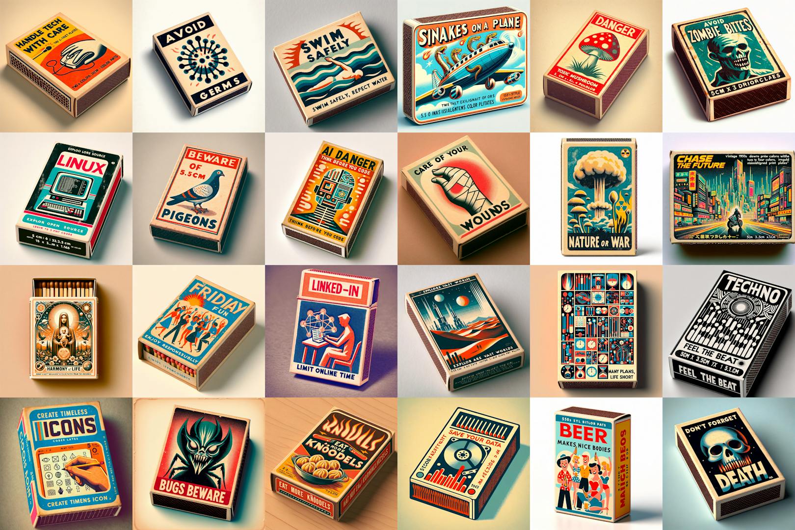 A set of many matchboxes, each with a different design, generated by the Vintage Matchbox Generator.
