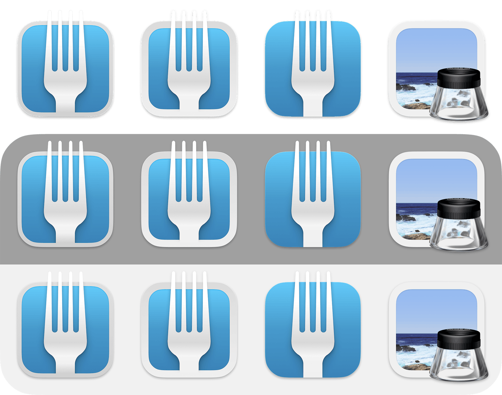 The Fork icon on various backgrounds. The image demonstrates whether the icon functions effectively on different background levels of brightness.