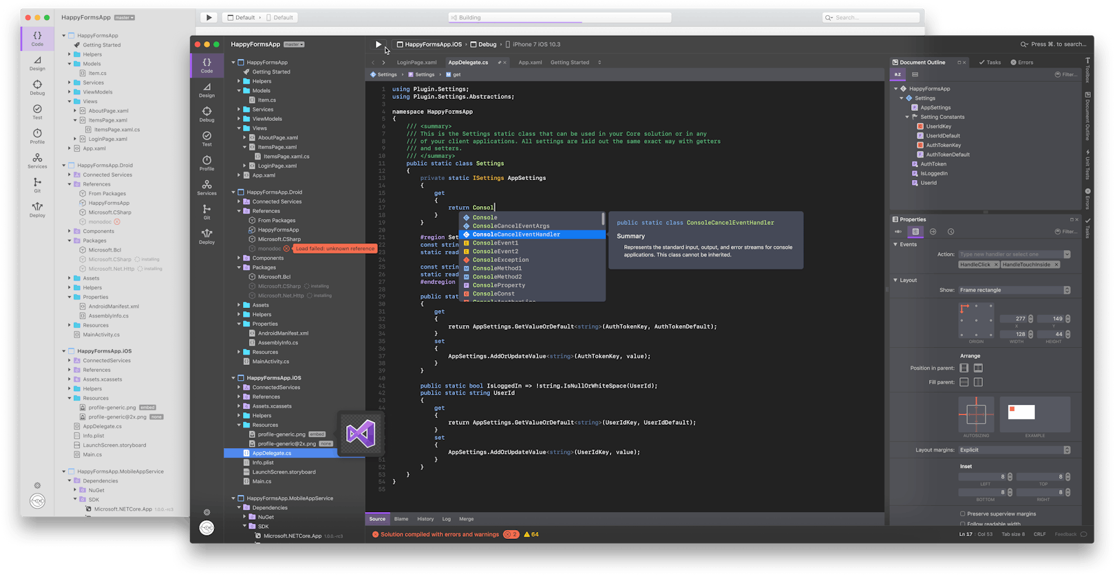 Screenshot of Visual Studio for Mac with code, Solution Explorer, Debug Console, and Property Tool Window, showing a mobile application development workspace with an error notification and Code Editor open on C# settings file.