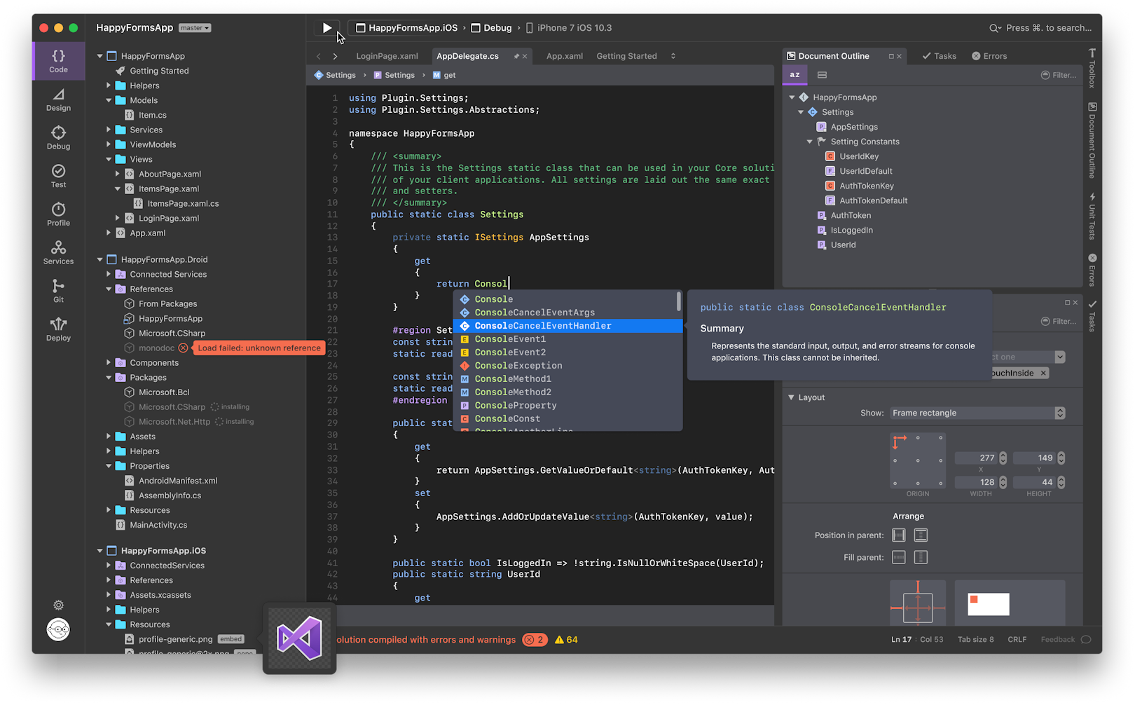 Screenshot of experimental Visual Studio for Mac configured for a mobile application development project named HappyFormsApp, with file structure on the left, Code Editor in the center showing C# code, and a Properties Tool Windows on the right.