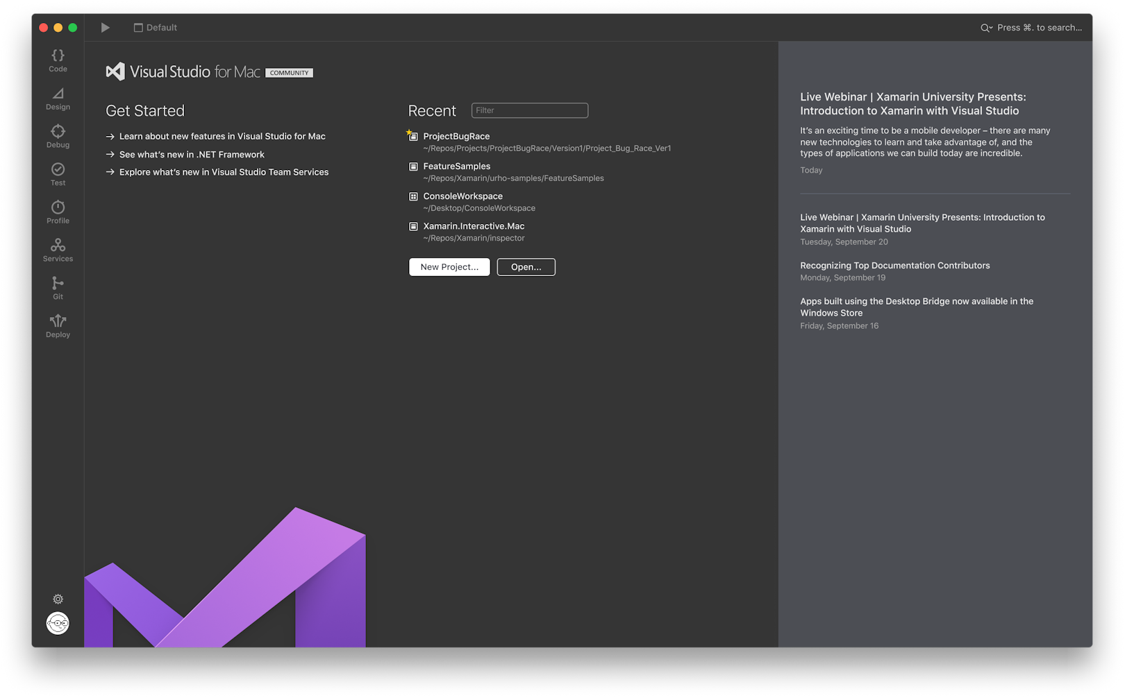 Welcome Screen of experimental Visual Studio for Mac showing recent projects and a sidebar with options to learn about new features, explore .NET Framework and Team Services updates, alongside a list of webinars and announcements.