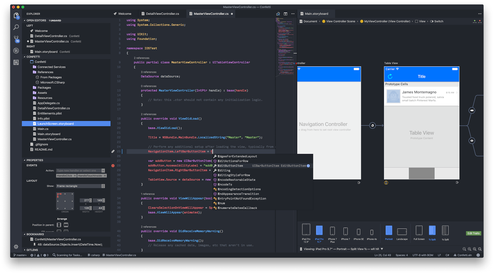 Screenshot of a Visual Studio Code with Code Editor panels open on C# files and a visual storyboard designer, illustrating a user interface layout for a mobile application development project.