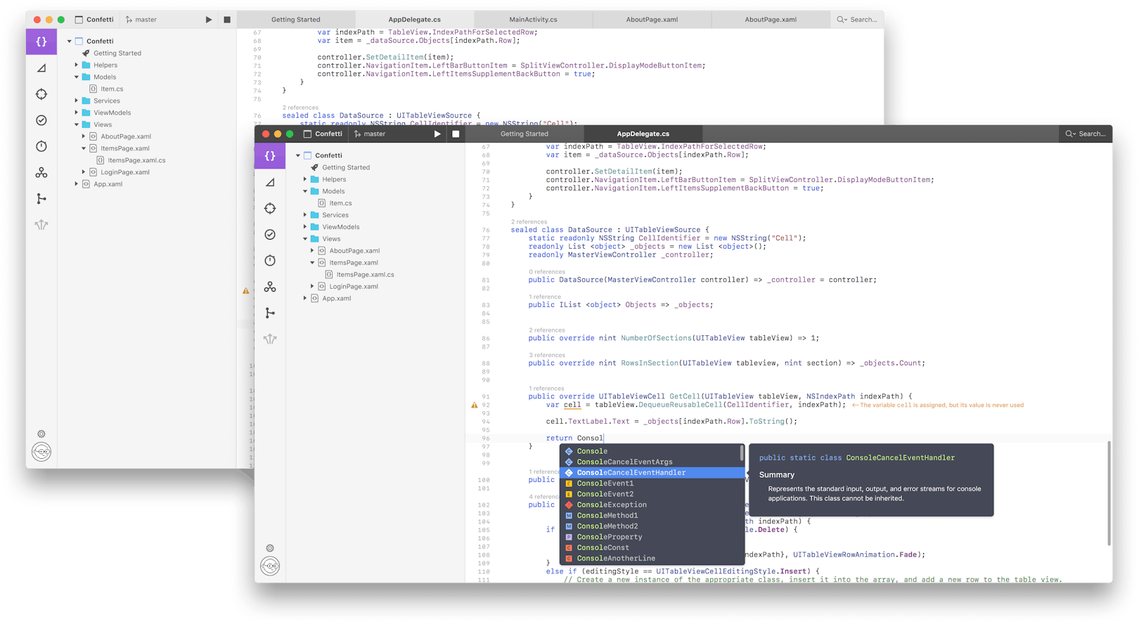 Screenshot of an experimental software development environment with a File Explorer on the left, Code Editor in the center showing C# source code for a UITableView data source, and auto-complete suggestions visible. A warning icon indicates a potential issue in the code or environment setup.