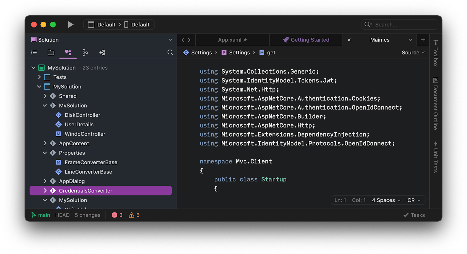 A screenshot showing Visual Studio for Mac 17 in the dark theme.