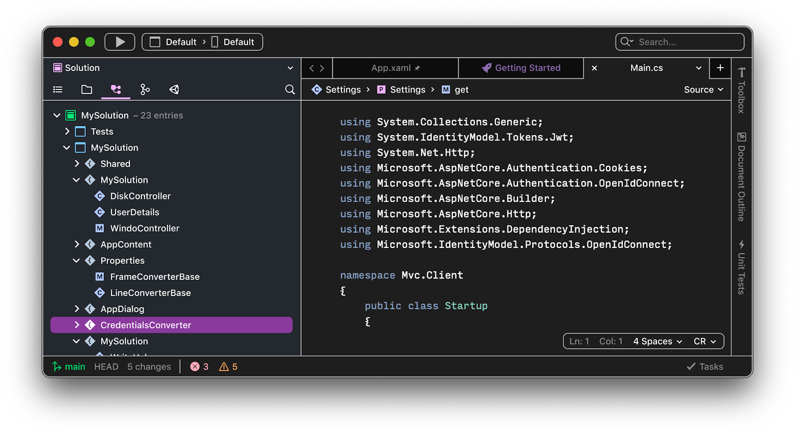 A screenshot showing Visual Studio for Mac 17 in the high contrast dark theme.