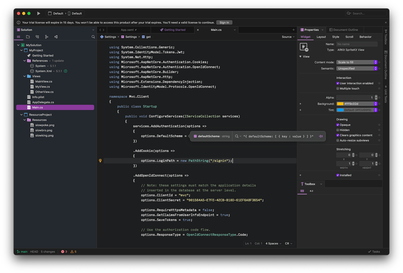Screenshot of Visual Studio for Mac 17 interface when running in the dark theme, displaying C# code for ASP.NET Core application startup configuration, File Explorer on the left, and Properties Panel on the right.