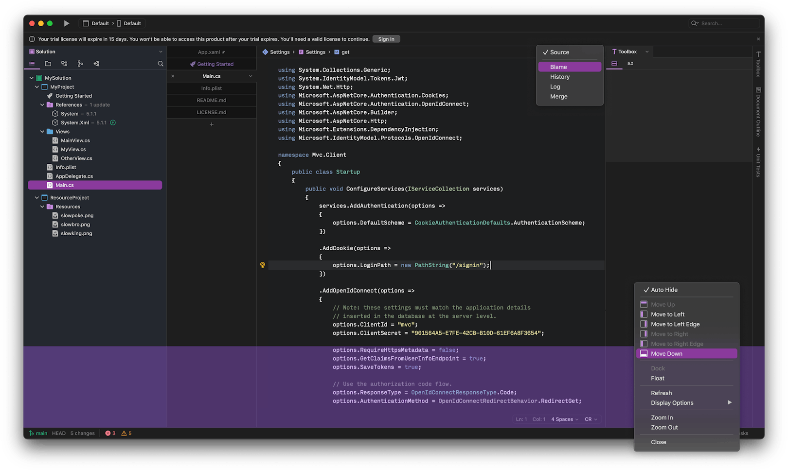 Screenshot of Visual Studio for Mac 17 interface when running in the dark theme with vertical tabs, Code Editor displaying C# code, and a notification about trial license expiration at the top.