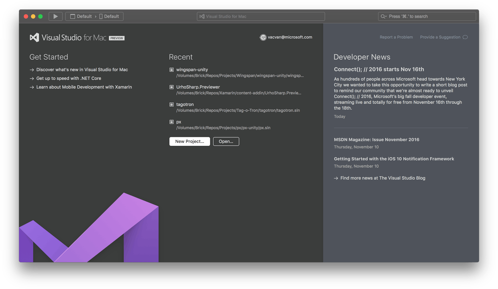 Final design of the Welcome Screen in Visual Studio for Mac in the dark UI theme