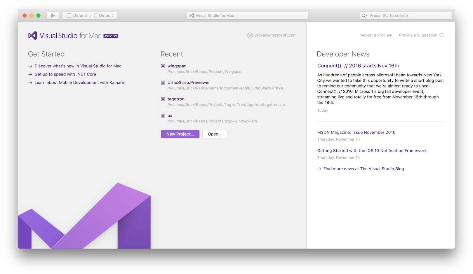 Final design of the Welcome Screen in Visual Studio for Mac in the light UI theme