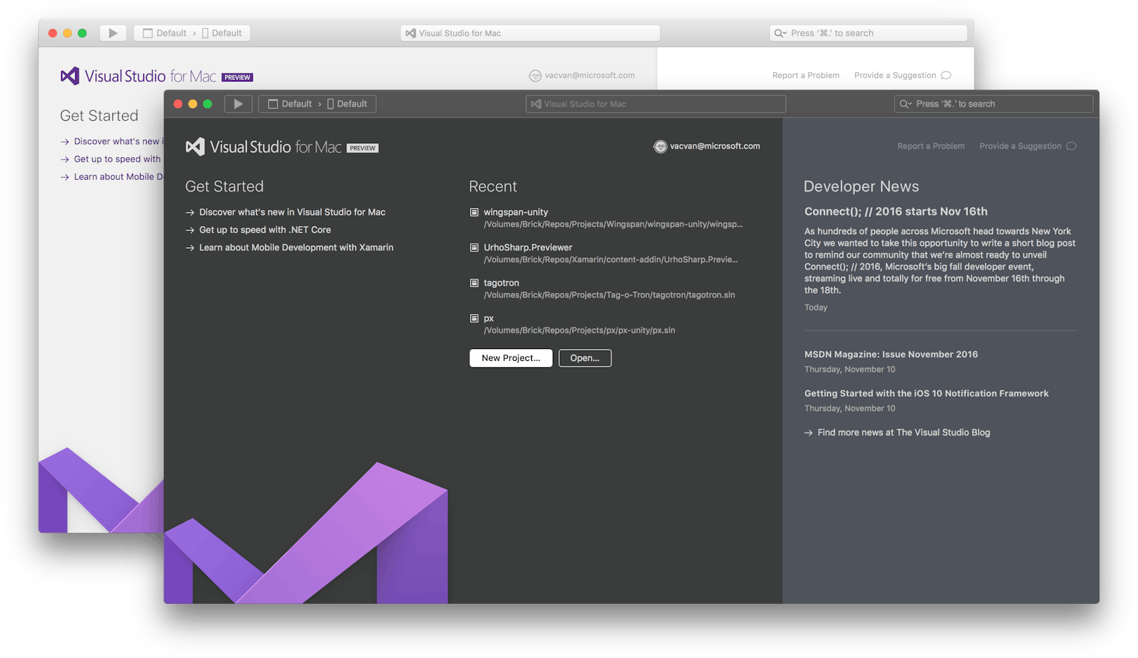 Welcome Screen of Visual Studio for Mac, featuring options to discover new features, learn about .NET Core and Xamarin for mobile development, with a list of recent projects and a section for developer news.