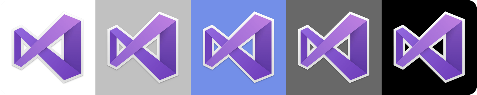 The Visual Studio for Mac icon on various backgrounds. The image demonstrates whether the icon functions effectively on different background colors and levels of brightness.